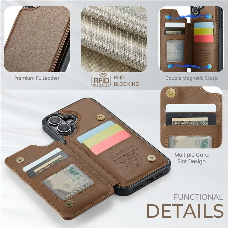 CASEME C22 Series For iPhone 16 Case Leather+TPU Cover RFID Blocking Card Slots