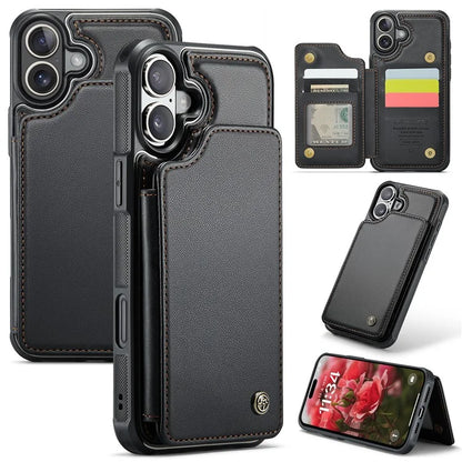 CASEME C22 Series For iPhone 16 Case Leather+TPU Cover RFID Blocking Card Slots