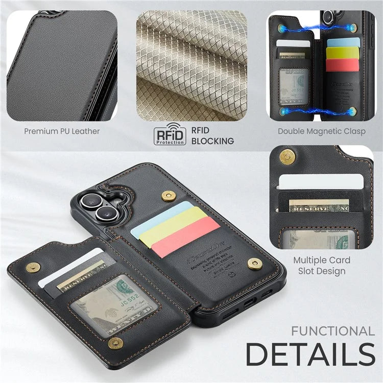 CASEME C22 Series For iPhone 16 Case Leather+TPU Cover RFID Blocking Card Slots