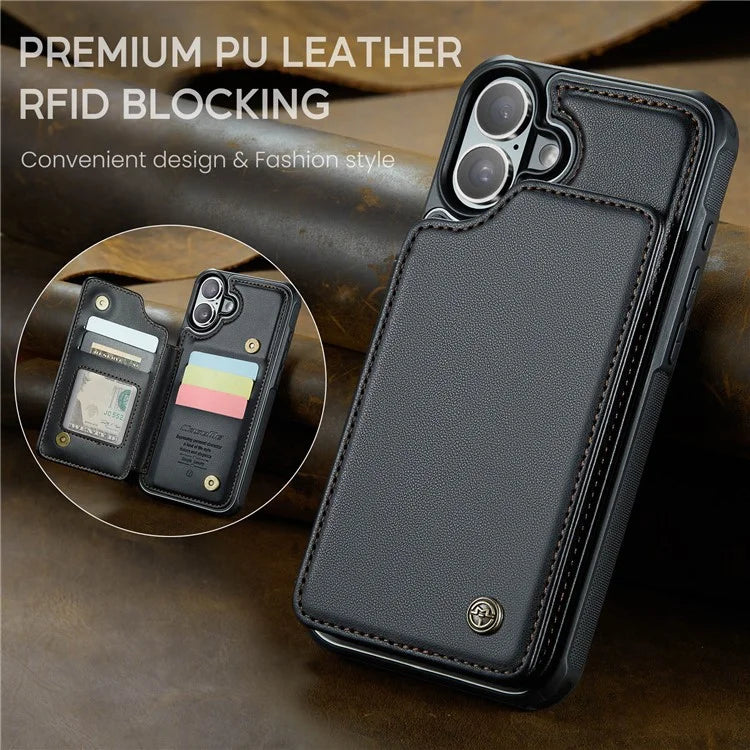 CASEME C22 Series For iPhone 16 Case Leather+TPU Cover RFID Blocking Card Slots