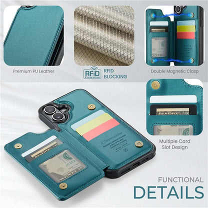 CASEME C22 Series For iPhone 16 Case Leather+TPU Cover RFID Blocking Card Slots