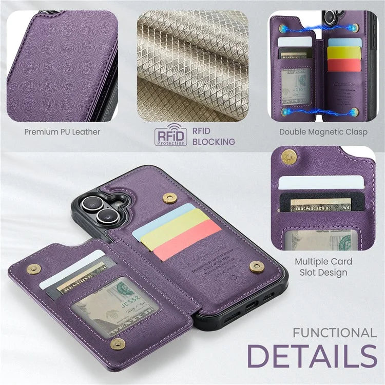 CASEME C22 Series For iPhone 16 Case Leather+TPU Cover RFID Blocking Card Slots