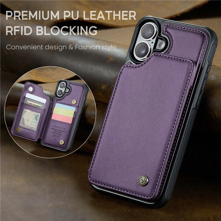 CASEME C22 Series For iPhone 16 Case Leather+TPU Cover RFID Blocking Card Slots