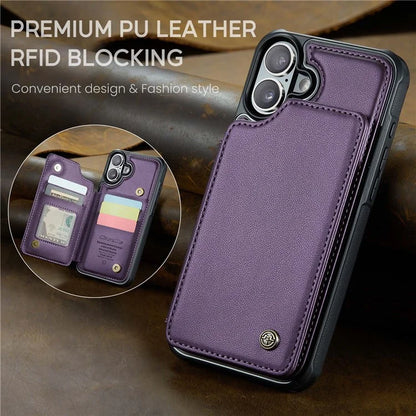 CASEME C22 Series For iPhone 16 Case Leather+TPU Cover RFID Blocking Card Slots