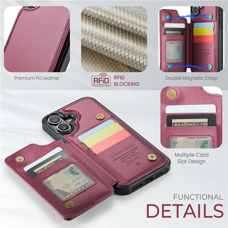 CASEME C22 Series For iPhone 16 Case Leather+TPU Cover RFID Blocking Card Slots