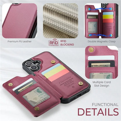 CASEME C22 Series For iPhone 16 Case Leather+TPU Cover RFID Blocking Card Slots