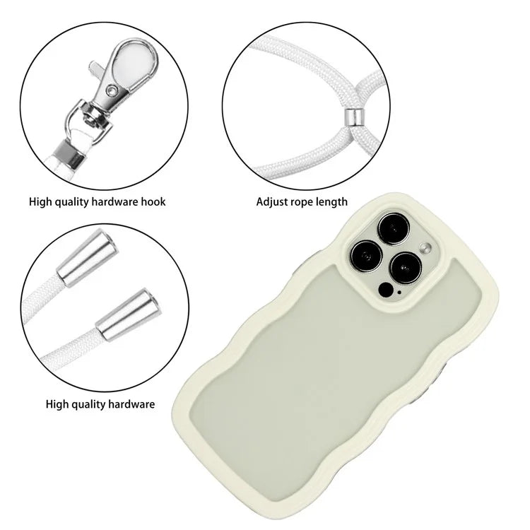 For iPhone 16 Pro Max Case Wavy Edge Design PC + TPU Shockproof Phone Cover with Adjustable Lanyard