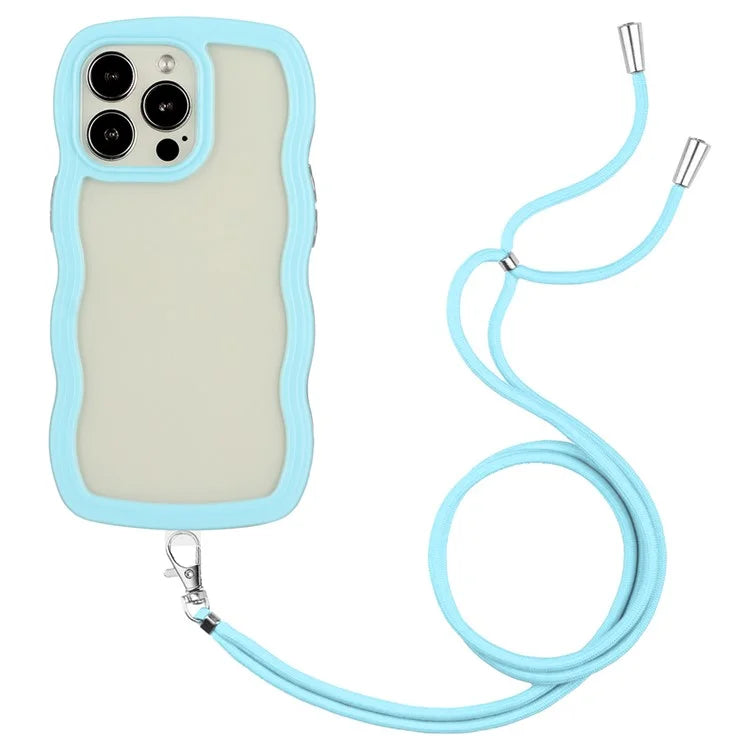 For iPhone 16 Pro Case Wavy Edge Design PC + TPU Shockproof Phone Cover with Adjustable Lanyard