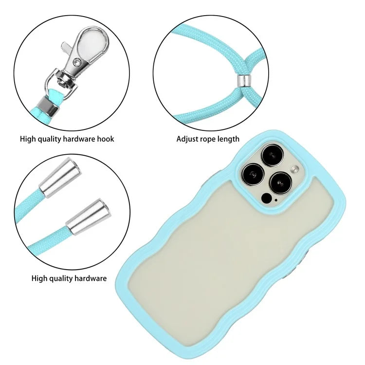 For iPhone 16 Pro Case Wavy Edge Design PC + TPU Shockproof Phone Cover with Adjustable Lanyard
