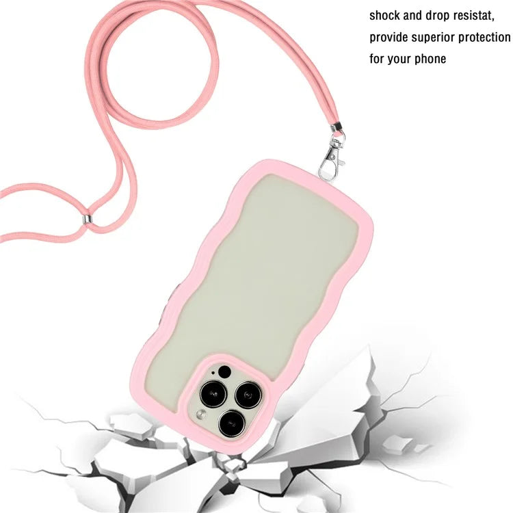 For iPhone 16 Pro Case Wavy Edge Design PC + TPU Shockproof Phone Cover with Adjustable Lanyard