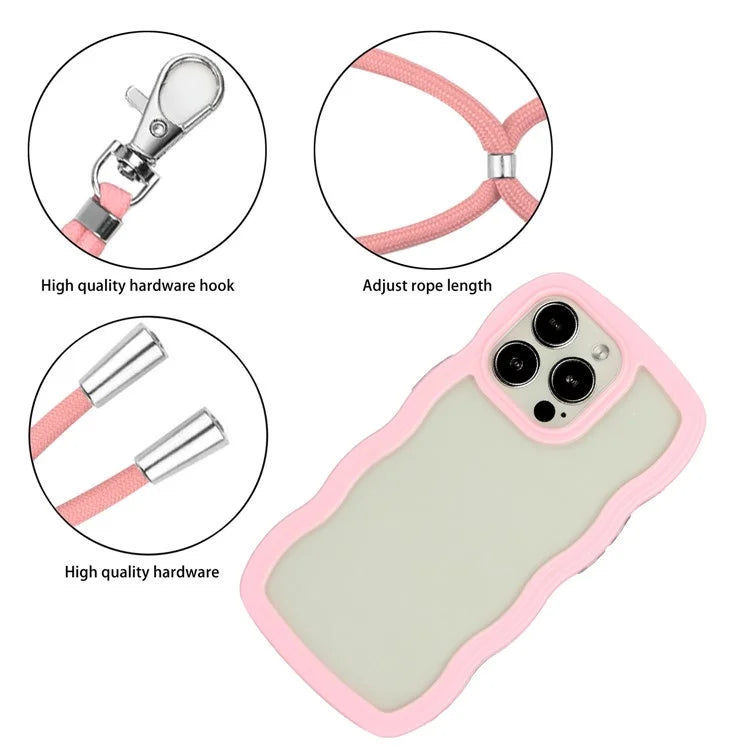 For iPhone 16 Pro Case Wavy Edge Design PC + TPU Shockproof Phone Cover with Adjustable Lanyard