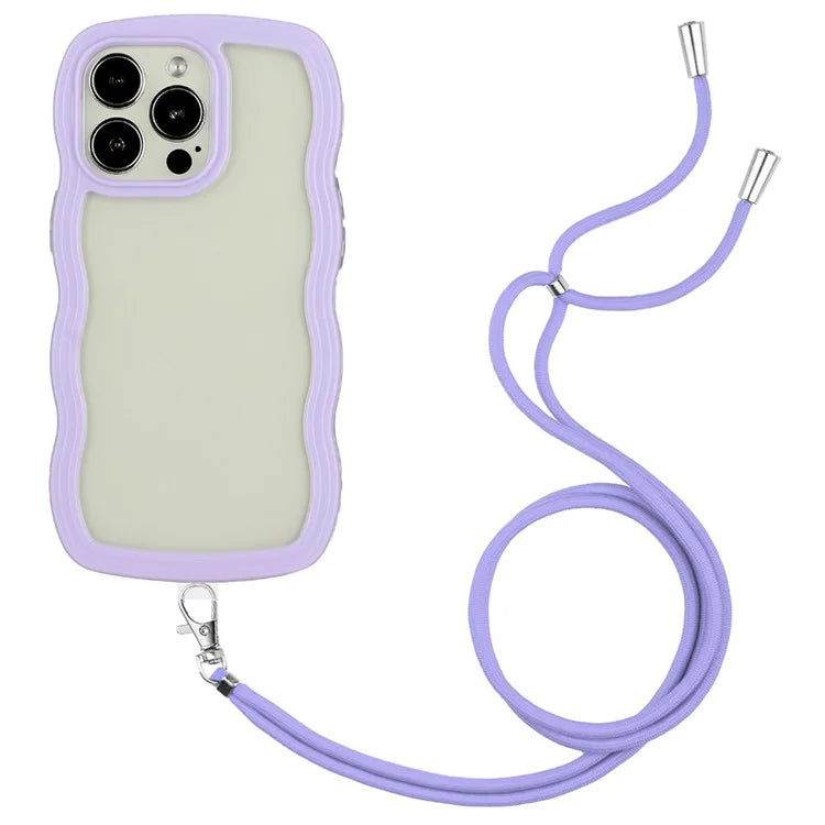 For iPhone 16 Pro Case Wavy Edge Design PC + TPU Shockproof Phone Cover with Adjustable Lanyard