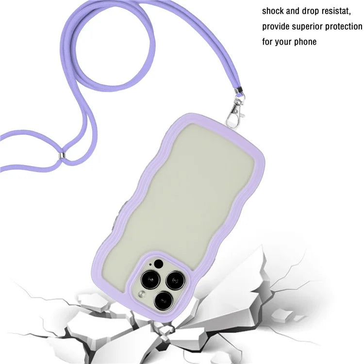 For iPhone 16 Pro Case Wavy Edge Design PC + TPU Shockproof Phone Cover with Adjustable Lanyard