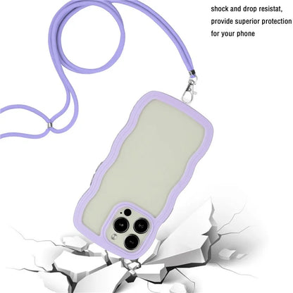 For iPhone 16 Pro Case Wavy Edge Design PC + TPU Shockproof Phone Cover with Adjustable Lanyard