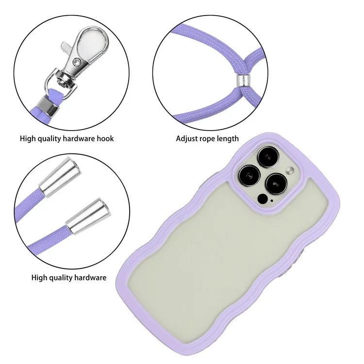 For iPhone 16 Pro Case Wavy Edge Design PC + TPU Shockproof Phone Cover with Adjustable Lanyard