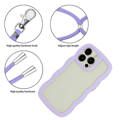 For iPhone 16 Pro Case Wavy Edge Design PC + TPU Shockproof Phone Cover with Adjustable Lanyard