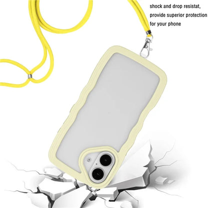 For iPhone 16 Case Wavy Edge Design PC + TPU Shockproof Phone Cover with Adjustable Lanyard