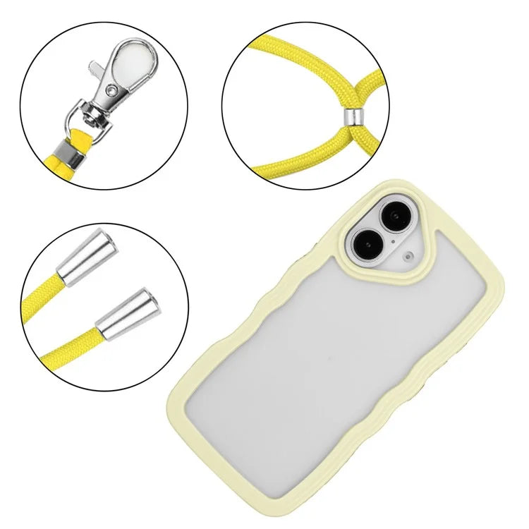 For iPhone 16 Case Wavy Edge Design PC + TPU Shockproof Phone Cover with Adjustable Lanyard