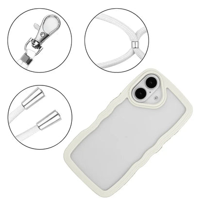 For iPhone 16 Case Wavy Edge Design PC + TPU Shockproof Phone Cover with Adjustable Lanyard