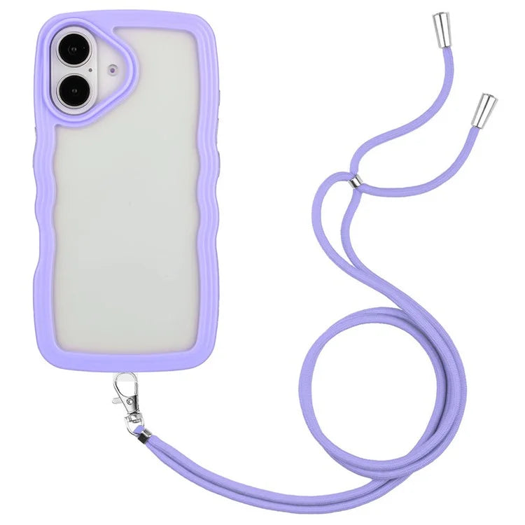 For iPhone 16 Case Wavy Edge Design PC + TPU Shockproof Phone Cover with Adjustable Lanyard