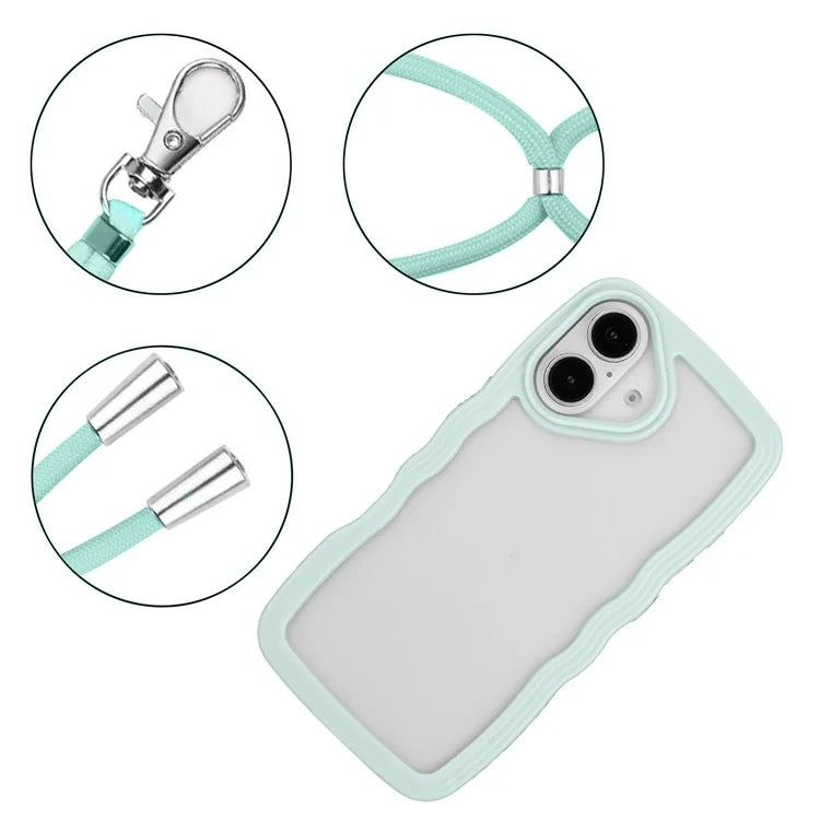 For iPhone 16 Case Wavy Edge Design PC + TPU Shockproof Phone Cover with Adjustable Lanyard