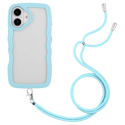 For iPhone 16 Plus Case Wavy Edge Design PC + TPU Shockproof Phone Cover with Adjustable Lanyard