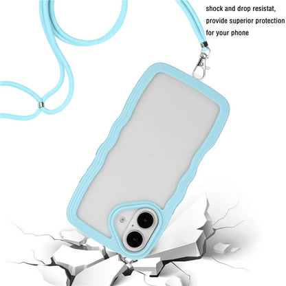For iPhone 16 Plus Case Wavy Edge Design PC + TPU Shockproof Phone Cover with Adjustable Lanyard