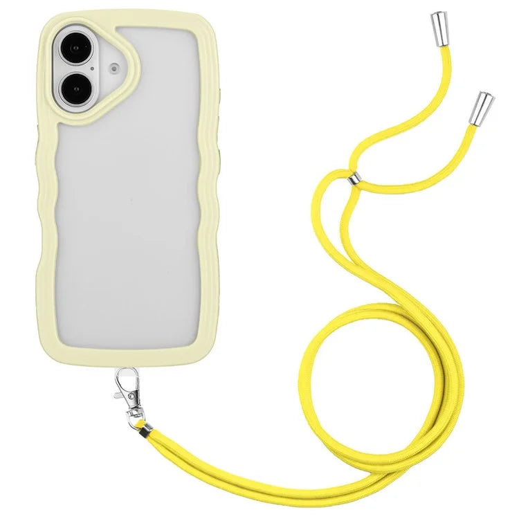For iPhone 16 Plus Case Wavy Edge Design PC + TPU Shockproof Phone Cover with Adjustable Lanyard