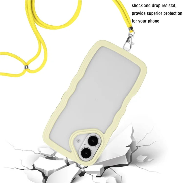 For iPhone 16 Plus Case Wavy Edge Design PC + TPU Shockproof Phone Cover with Adjustable Lanyard