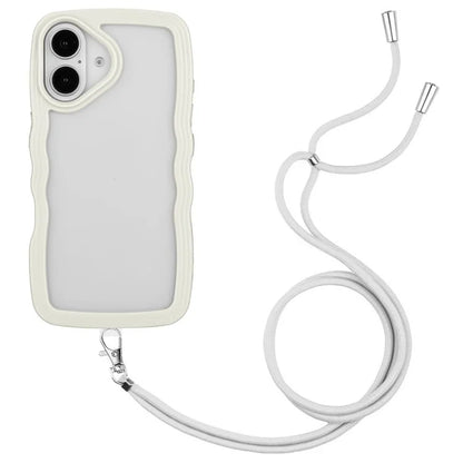For iPhone 16 Plus Case Wavy Edge Design PC + TPU Shockproof Phone Cover with Adjustable Lanyard