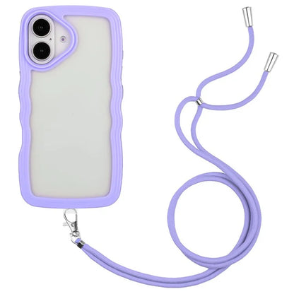 For iPhone 16 Plus Case Wavy Edge Design PC + TPU Shockproof Phone Cover with Adjustable Lanyard