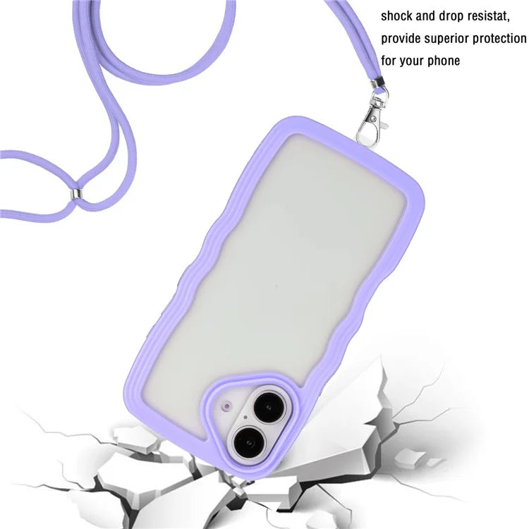 For iPhone 16 Plus Case Wavy Edge Design PC + TPU Shockproof Phone Cover with Adjustable Lanyard