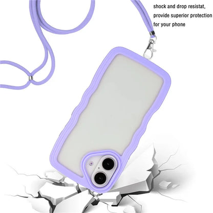 For iPhone 16 Plus Case Wavy Edge Design PC + TPU Shockproof Phone Cover with Adjustable Lanyard
