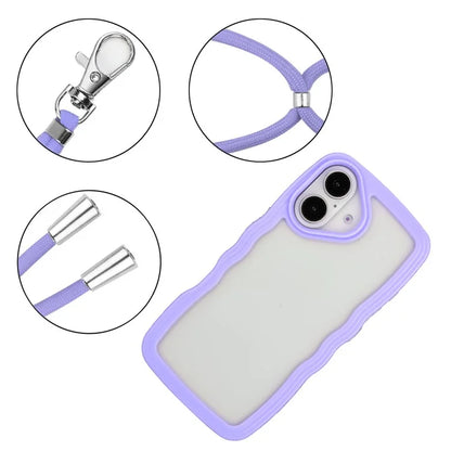 For iPhone 16 Plus Case Wavy Edge Design PC + TPU Shockproof Phone Cover with Adjustable Lanyard