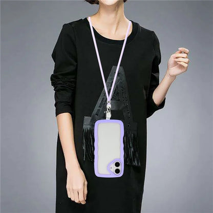 For iPhone 16 Plus Case Wavy Edge Design PC + TPU Shockproof Phone Cover with Adjustable Lanyard