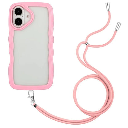 For iPhone 16 Plus Case Wavy Edge Design PC + TPU Shockproof Phone Cover with Adjustable Lanyard