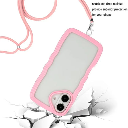 For iPhone 16 Plus Case Wavy Edge Design PC + TPU Shockproof Phone Cover with Adjustable Lanyard