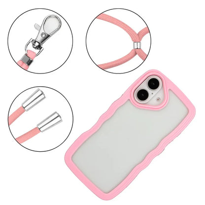 For iPhone 16 Plus Case Wavy Edge Design PC + TPU Shockproof Phone Cover with Adjustable Lanyard