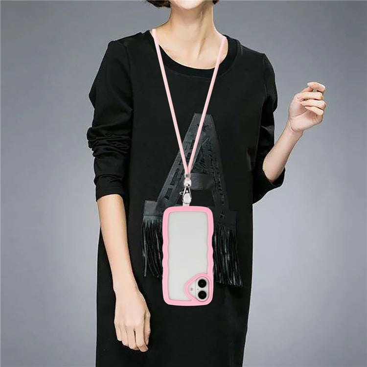 For iPhone 16 Plus Case Wavy Edge Design PC + TPU Shockproof Phone Cover with Adjustable Lanyard