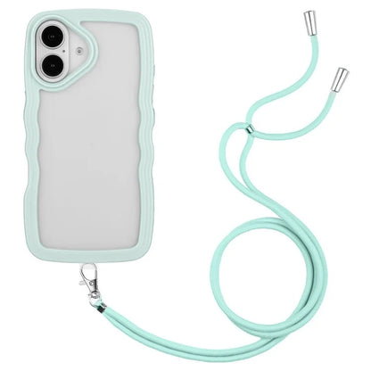 For iPhone 16 Plus Case Wavy Edge Design PC + TPU Shockproof Phone Cover with Adjustable Lanyard