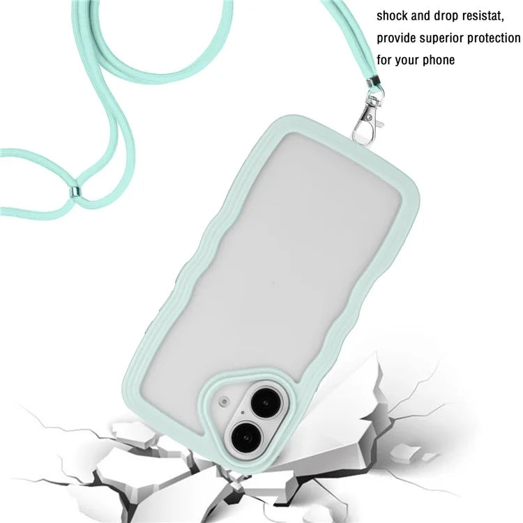 For iPhone 16 Plus Case Wavy Edge Design PC + TPU Shockproof Phone Cover with Adjustable Lanyard