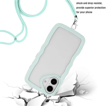 For iPhone 16 Plus Case Wavy Edge Design PC + TPU Shockproof Phone Cover with Adjustable Lanyard
