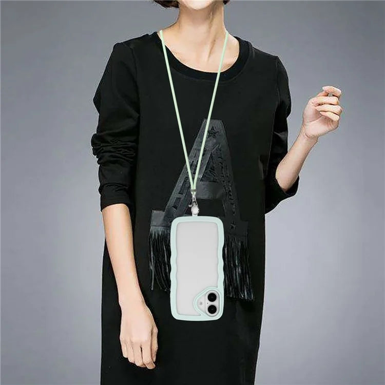 For iPhone 16 Plus Case Wavy Edge Design PC + TPU Shockproof Phone Cover with Adjustable Lanyard