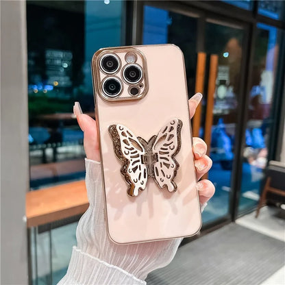 For iPhone 16 Pro Case Butterfly Kickstand TPU Electroplating Phone Cover