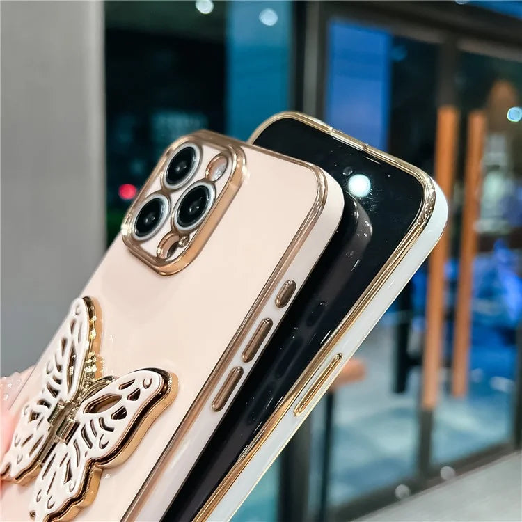 For iPhone 16 Pro Case Butterfly Kickstand TPU Electroplating Phone Cover