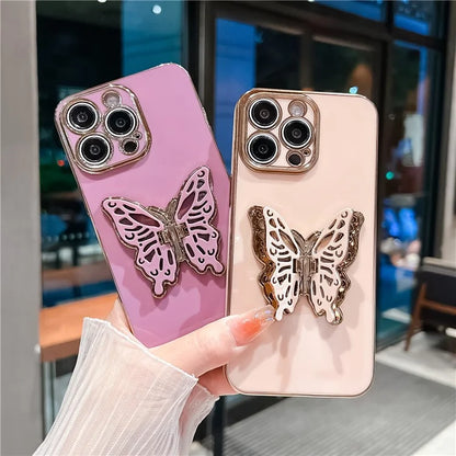 For iPhone 16 Pro Case Butterfly Kickstand TPU Electroplating Phone Cover