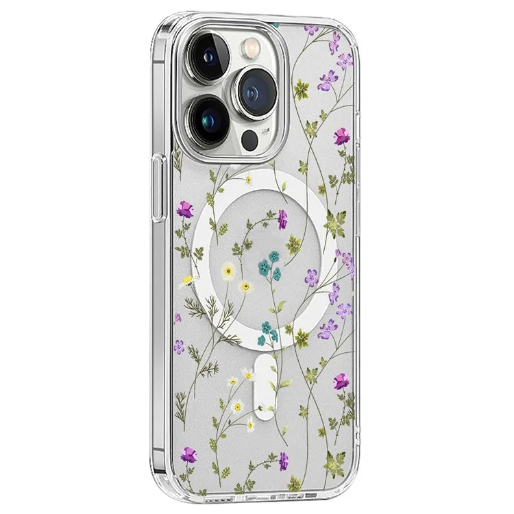 For iPhone 16 Pro Case Flower Series TPU+PC Phone Cover Compatible with MagSafe - Transparent