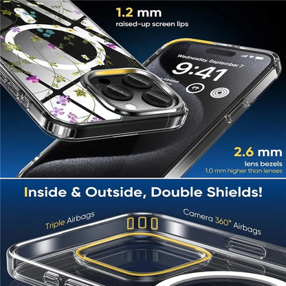 For iPhone 16 Pro Case Flower Series TPU+PC Phone Cover Compatible with MagSafe - Transparent