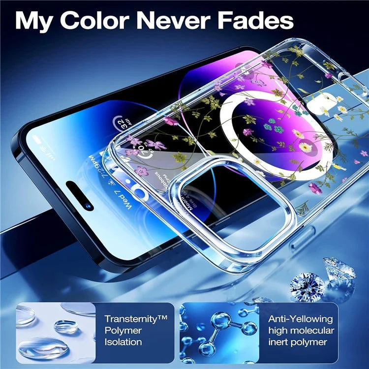 For iPhone 16 Pro Case Flower Series TPU+PC Phone Cover Compatible with MagSafe - Transparent