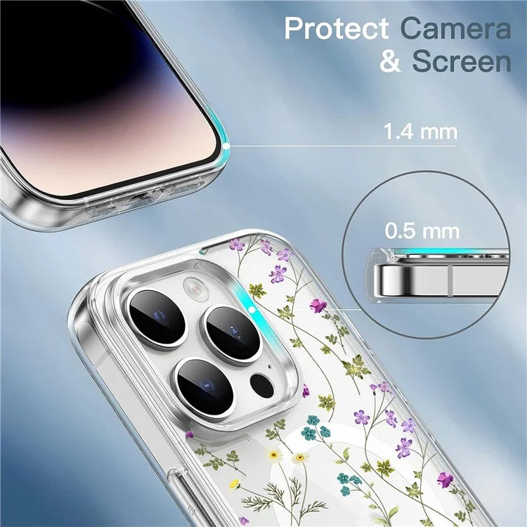 For iPhone 16 Pro Case Flower Series TPU+PC Phone Cover Compatible with MagSafe - Transparent